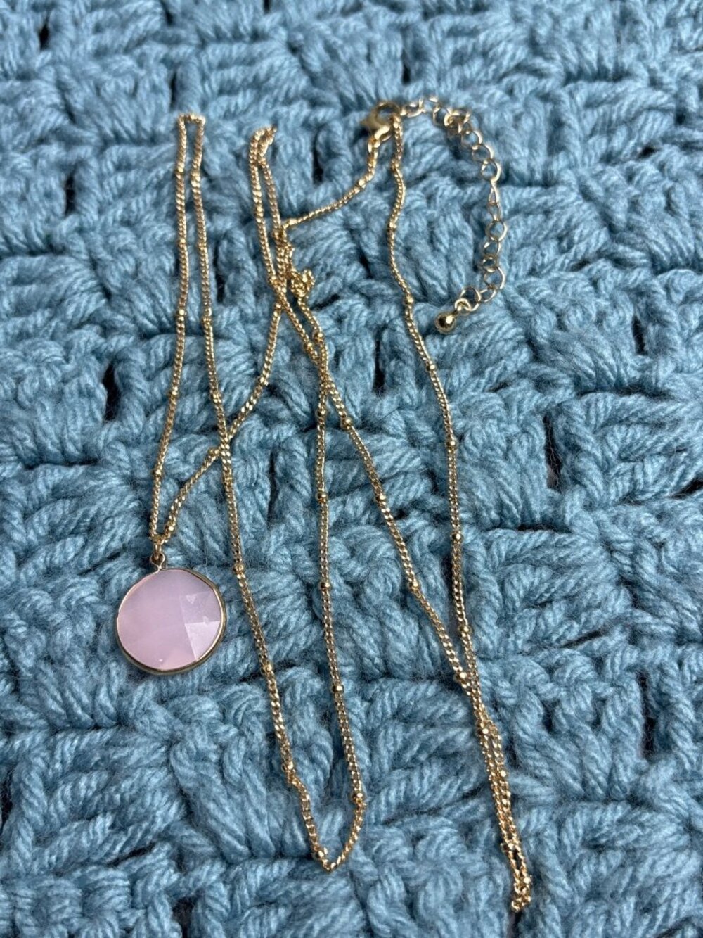 Rose Quartz Pendant Necklace Long Goldtone Chain 31 - 34 inches Long